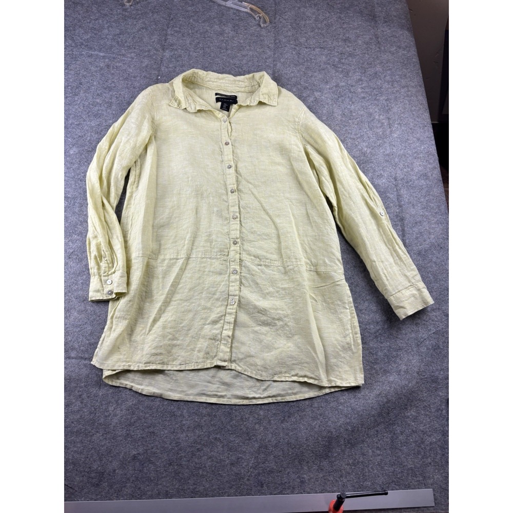 Tahari Essentials Womens M Linen Tunic Top Shirt Button Down Yellow Coastal Boho
